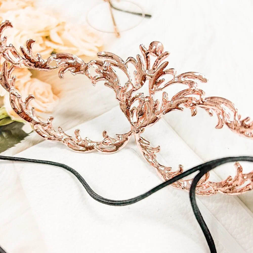 Rose Gold Decorative Masquerade Face Mask with Rhinestones